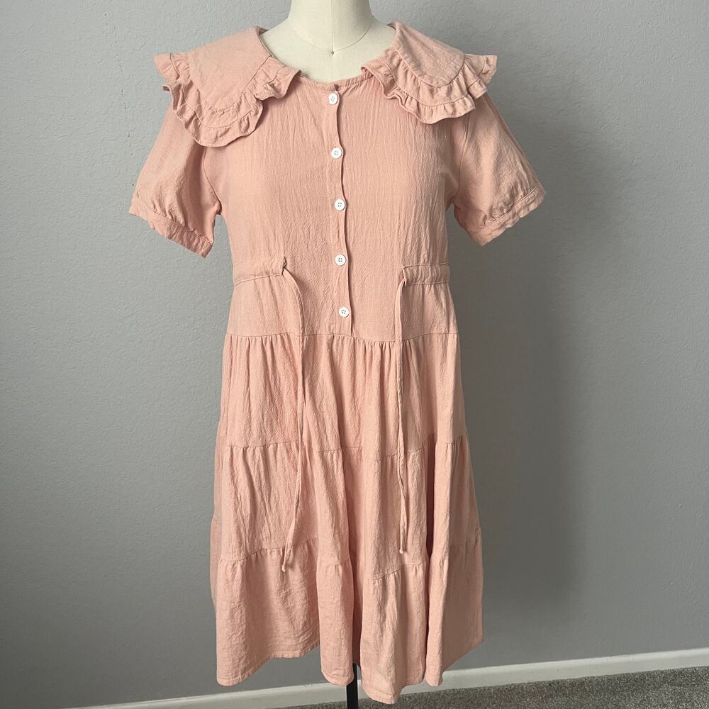 Kawaii Dusty Pink Tiered Dress with Ruffle Peter Pan Collar S
